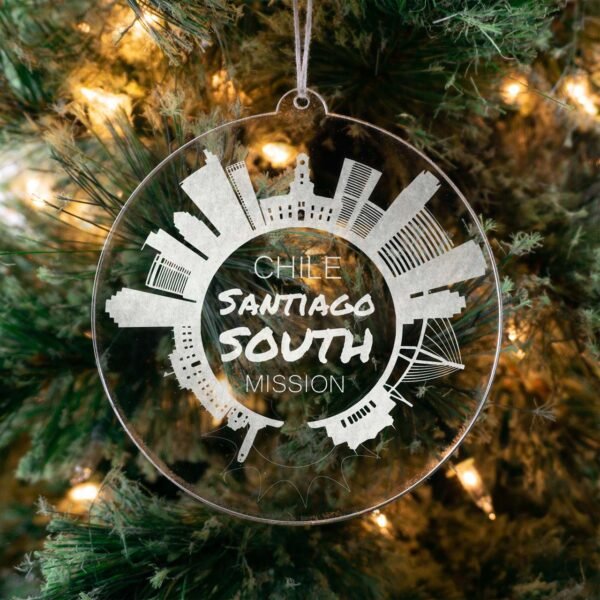 LDS Chile Santiago South Mission Christmas Ornament hanging on a Tree