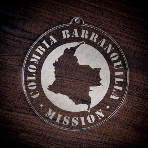 LDS Colombia Barranquilla Mission Christmas Ornament laying on a Wooden Background