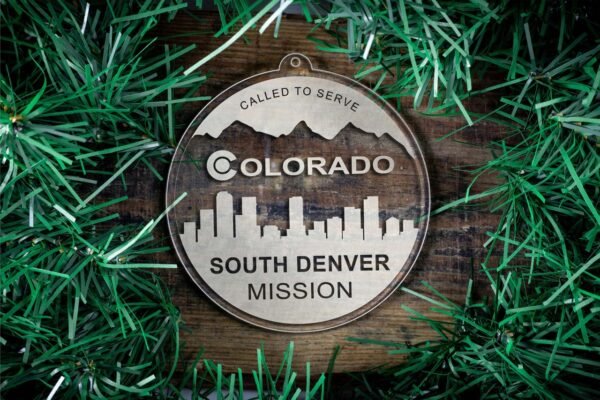 LDS Colorado Denver South Mission Christmas Ornament surrounded by a Simple Reef