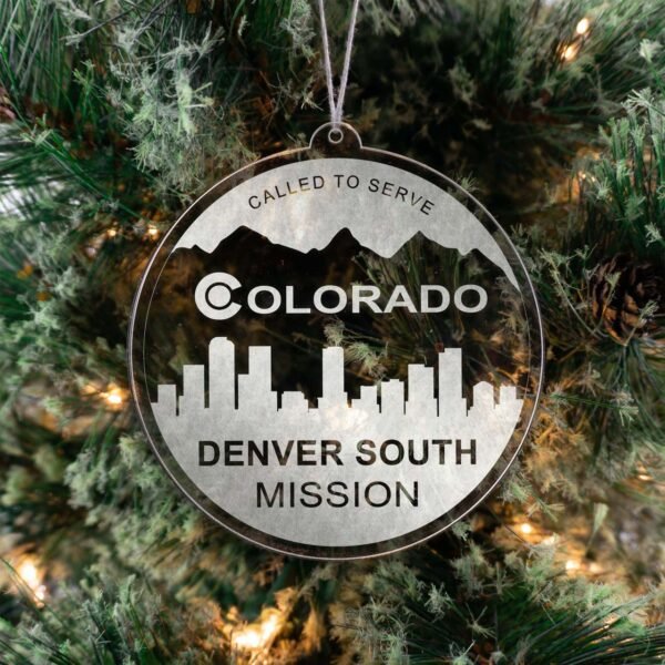 LDS Colorado Denver South Mission Christmas Ornament hanging on a Tree