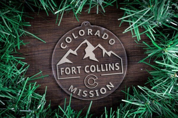 LDS Colorado Fort Collins Mission Christmas Ornament surrounded by a Simple Reef