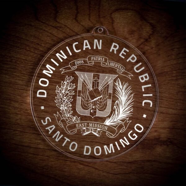 LDS Dominican Republic Santo Domingo East Mission Christmas Ornament laying on a Wooden Background