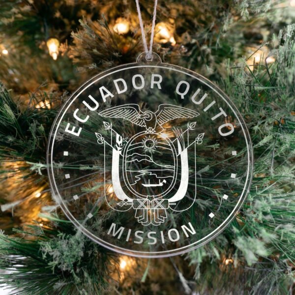 LDS Ecuador Quito Mission Christmas Ornament hanging on a Tree