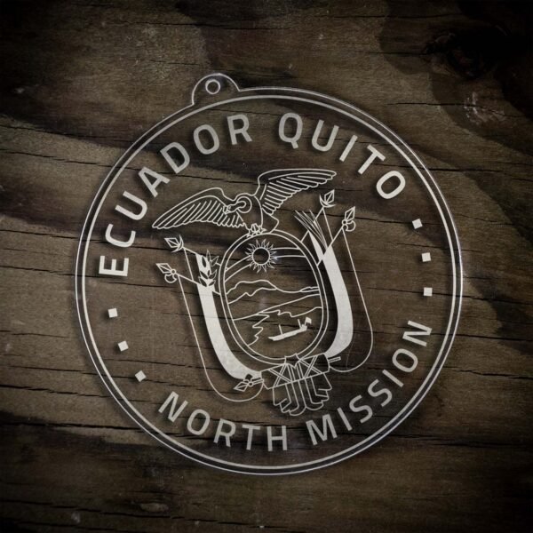 LDS Ecuador Quito North Mission Christmas Ornament laying on a Wooden Background