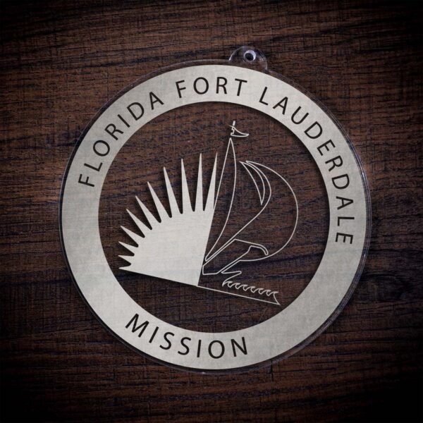 LDS Florida Fort Lauderdale Mission Christmas Ornament laying on a Wooden Background