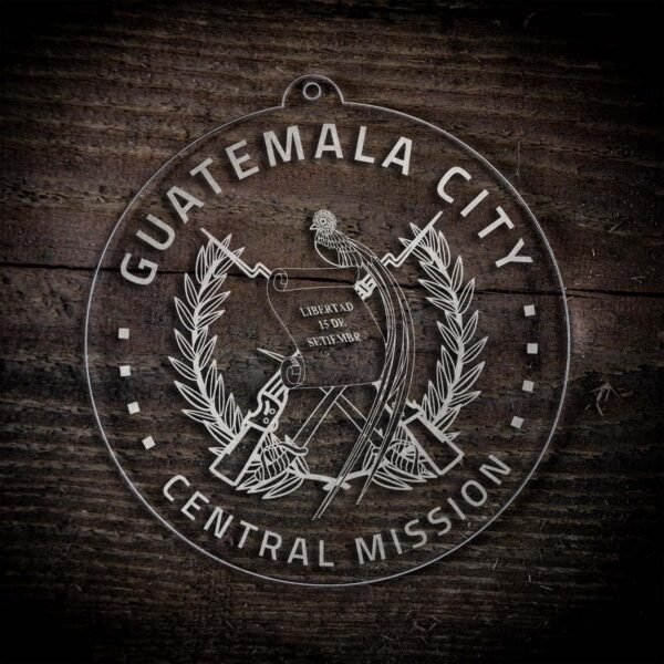 LDS Guatemala Guatemala City Central Mission Christmas Ornament laying on a Wooden Background