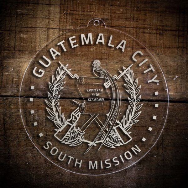 LDS Guatemala Guatemala City South Mission Christmas Ornament laying on a Wooden Background