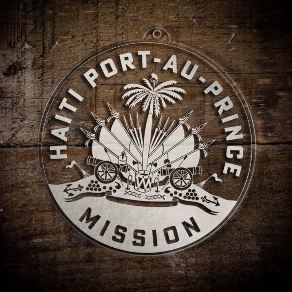 LDS Haiti Port-au-Prince Mission Christmas Ornament laying on a Wooden Background