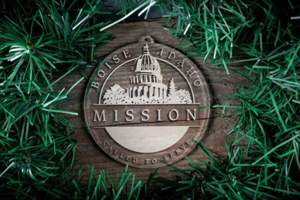 LDS Idaho Boise Mission Christmas Ornament surrounded by a Simple Reef