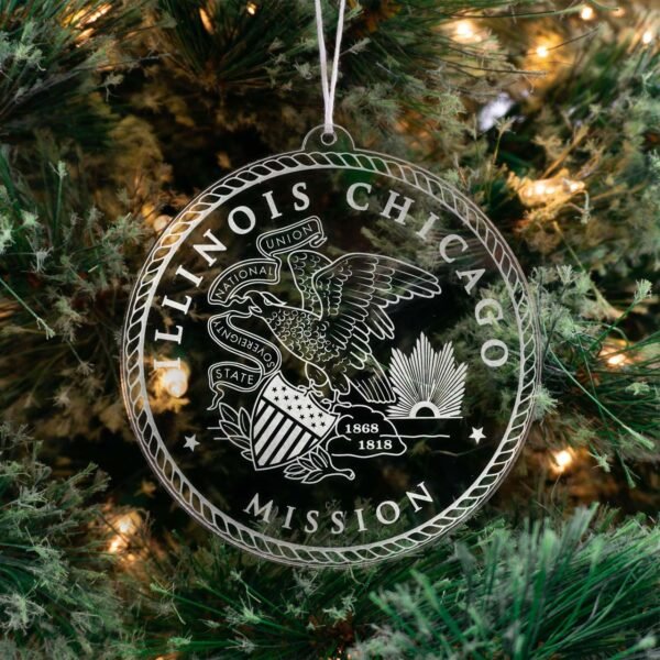 LDS Illinois Chicago Mission Christmas Ornament hanging on a Tree