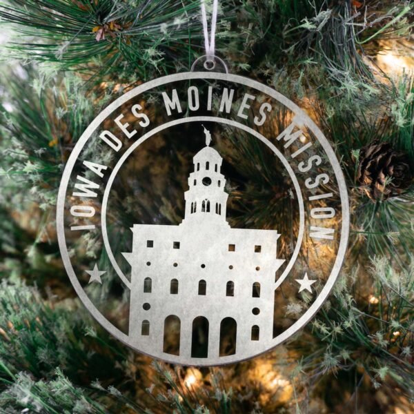LDS Iowa Des Moines Mission Christmas Ornament hanging on a Tree