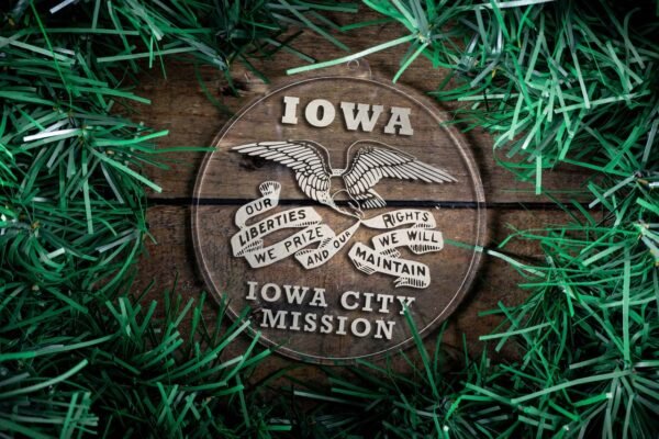 LDS Iowa Iowa City Mission Christmas Ornament surrounded by a Simple Reef
