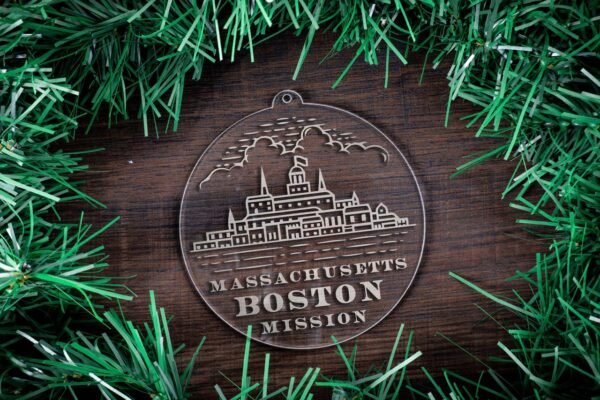 LDS Massachusetts Boston Mission Christmas Ornament surrounded by a Simple Reef