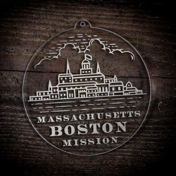LDS Massachusetts Boston Mission Christmas Ornament laying on a Wooden Background