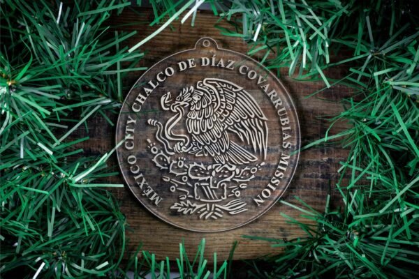 LDS Mexico Mexico City Chalco de Diaz Covarrubias Mission Christmas Ornament surrounded by a Simple Reef