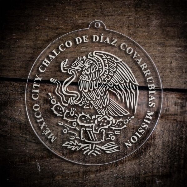 LDS Mexico Mexico City Chalco de Diaz Covarrubias Mission Christmas Ornament laying on a Wooden Background
