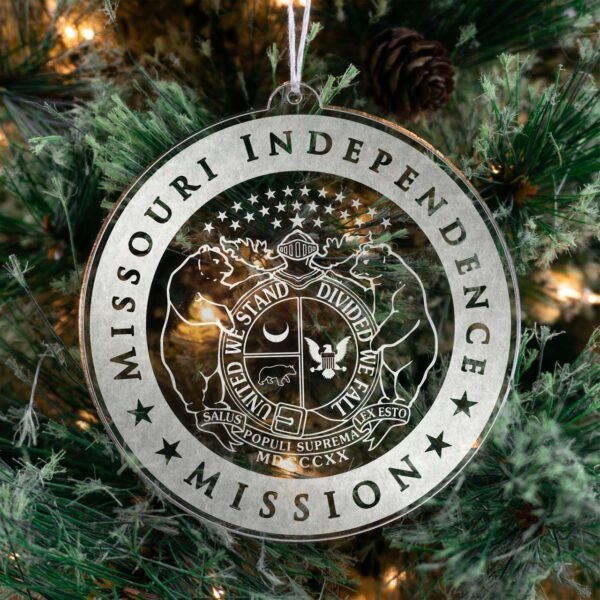 LDS Missouri Independence Mission Christmas Ornament hanging on a Tree