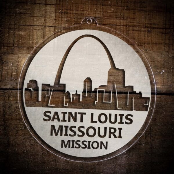 LDS Missouri St. Louis Mission Christmas Ornament laying on a Wooden Background