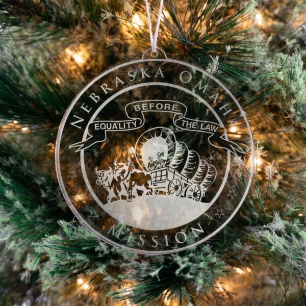 LDS Nebraska Omaha Mission Christmas Ornament hanging on a Tree