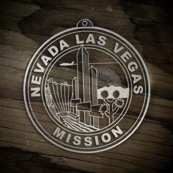 LDS Nevada Las Vegas Mission Christmas Ornament laying on a Wooden Background
