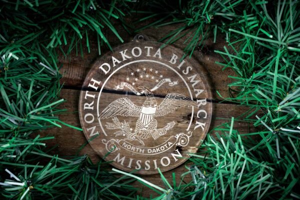 LDS North Dakota Bismarck Mission Christmas Ornament surrounded by a Simple Reef