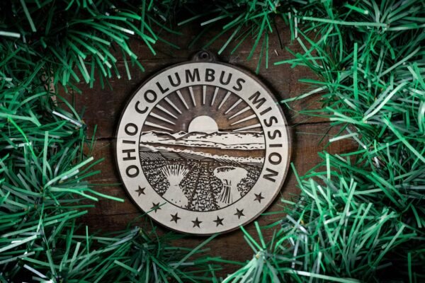 LDS Ohio Columbus Mission Christmas Ornament surrounded by a Simple Reef