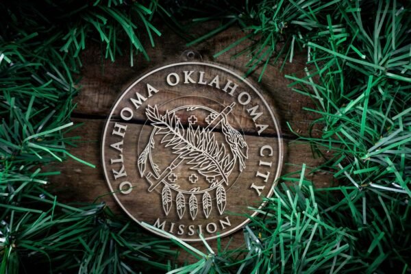 LDS Oklahoma Oklahoma City Mission Christmas Ornament surrounded by a Simple Reef