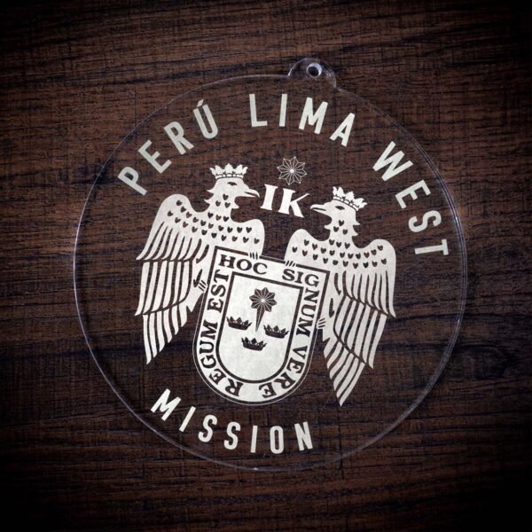 LDS Peru Lima West Mission Christmas Ornament laying on a Wooden Background