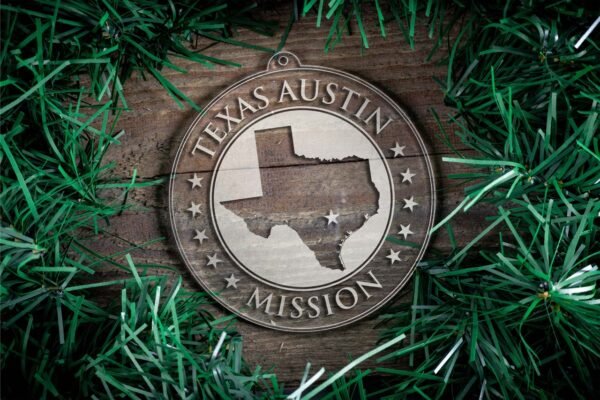 LDS Texas Austin Mission Christmas Ornament surrounded by a Simple Reef