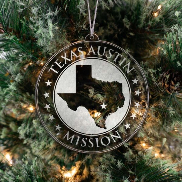 LDS Texas Austin Mission Christmas Ornament hanging on a Tree