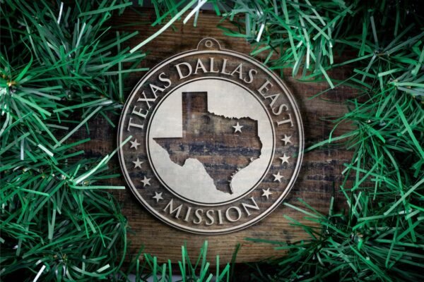LDS Texas Dallas East Mission Christmas Ornament surrounded by a Simple Reef