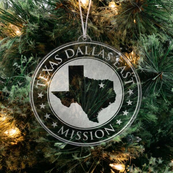 LDS Texas Dallas East Mission Christmas Ornament hanging on a Tree