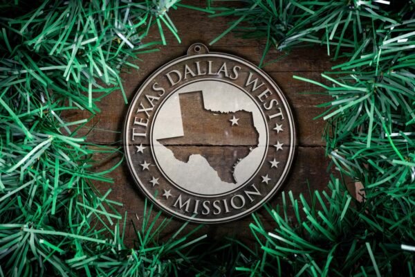 LDS Texas Dallas West Mission Christmas Ornament surrounded by a Simple Reef