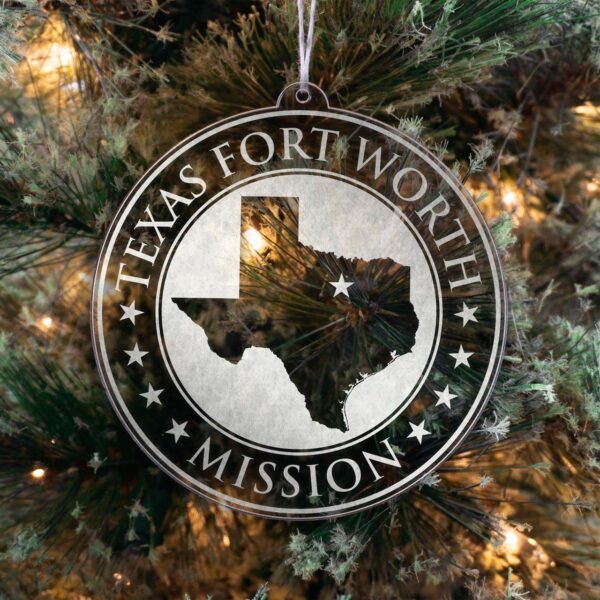 LDS Texas Fort Worth Mission Christmas Ornament hanging on a Tree