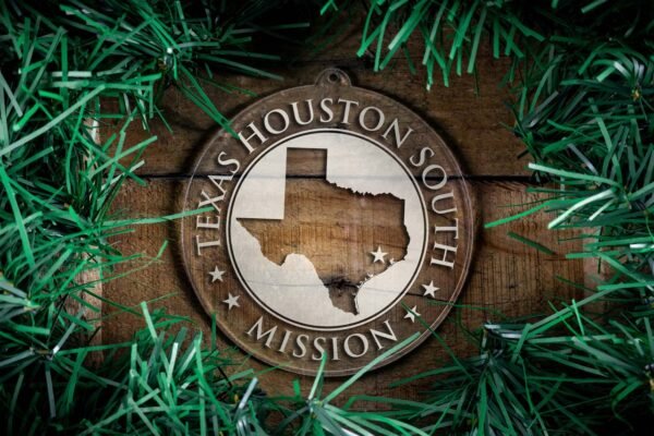 LDS Texas Houston South Mission Christmas Ornament surrounded by a Simple Reef
