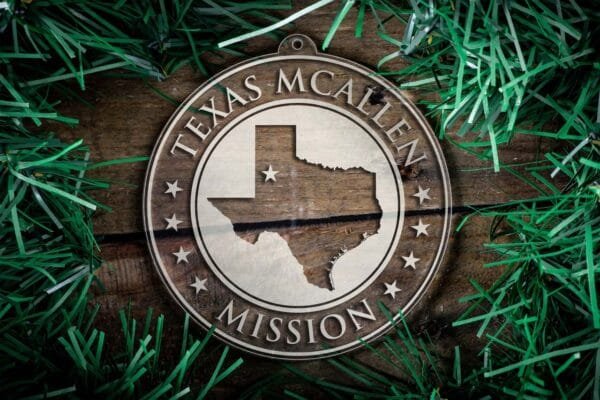 LDS Texas McAllen Mission Christmas Ornament surrounded by a Simple Reef