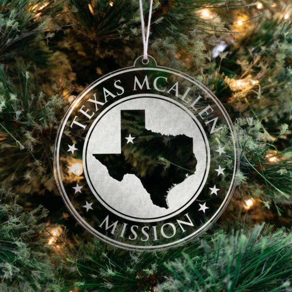 LDS Texas McAllen Mission Christmas Ornament hanging on a Tree