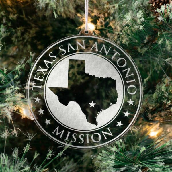 LDS Texas San Antonio Mission Christmas Ornament hanging on a Tree