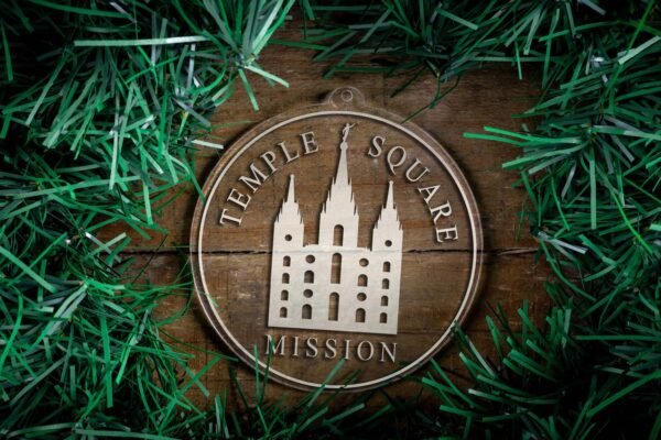 LDS Utah Salt Lake City Temple Square Mission Christmas Ornament surrounded by a Simple Reef
