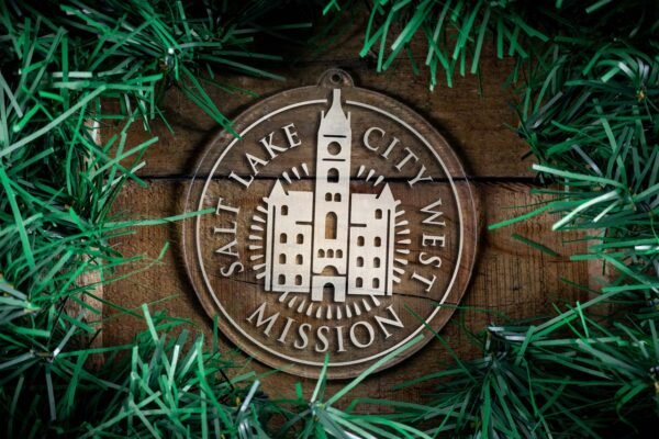 LDS Utah Salt Lake City West Mission Christmas Ornament surrounded by a Simple Reef