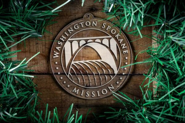 LDS Washington Spokane Mission Christmas Ornament surrounded by a Simple Reef