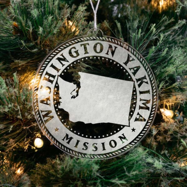 LDS Washington Yakima Mission Christmas Ornament hanging on a Tree