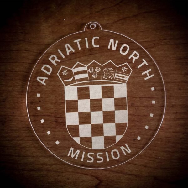 LDS Adriatic North Mission (Zagreb) Christmas Ornament laying on a Wooden Background