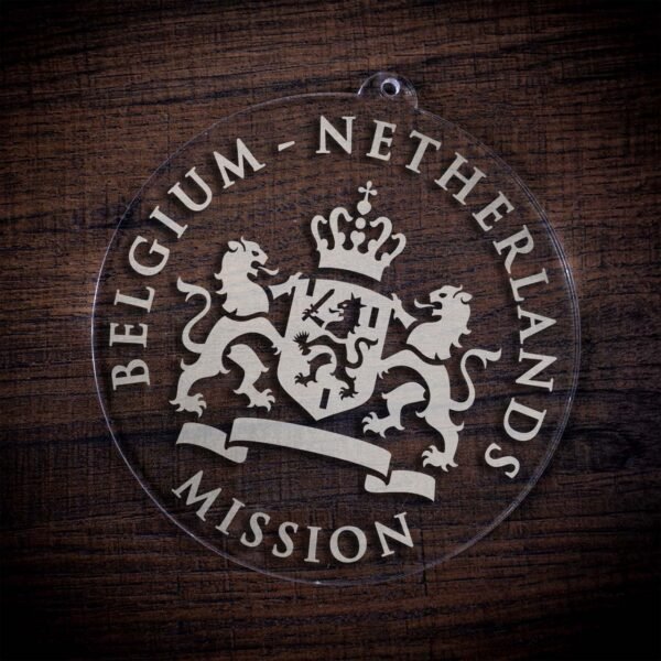 LDS Belgium - Netherlands Mission (Leiden) Christmas Ornament laying on a Wooden Background