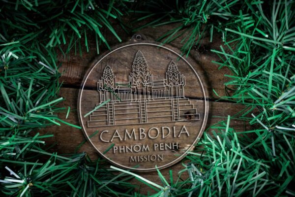 LDS Cambodia Phnom Penh Mission Christmas Ornament surrounded by a Simple Reef