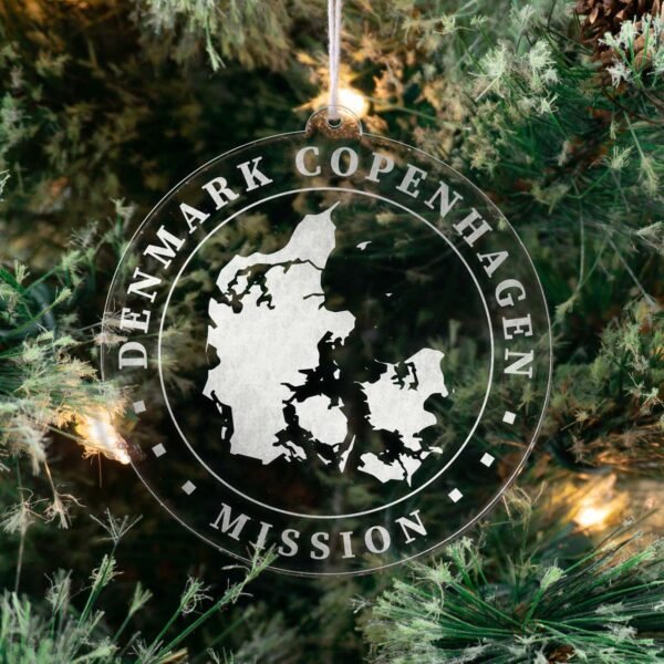 LDS Denmark Copenhagen Mission Christmas Ornament hanging on a Tree