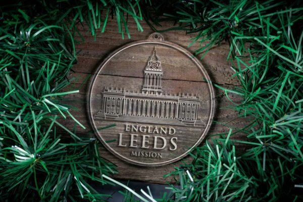 LDS England Leeds Mission Christmas Ornament surrounded by a Simple Reef