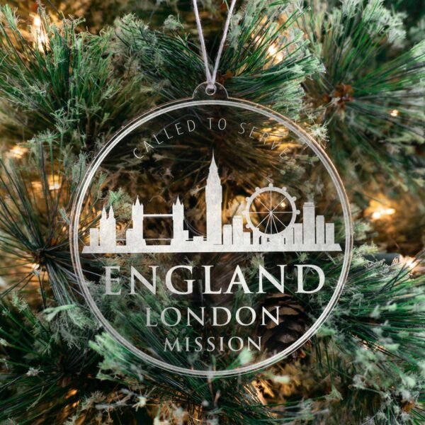 LDS England London Mission Christmas Ornament hanging on a Tree