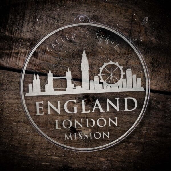 LDS England London Mission Christmas Ornament laying on a Wooden Background