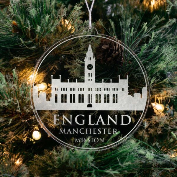 LDS England Manchester Mission Christmas Ornament hanging on a Tree